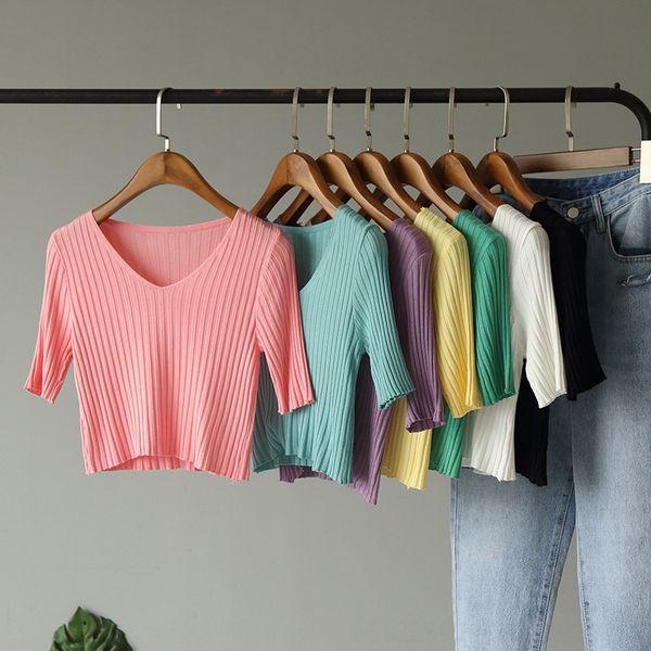 

сплошной цвет v-образным вырезом с короткими рукавами [omale] 2020 женские выбоина трикотажные футболки пуловеры пуловеры футболки топ 3699, White