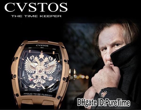 

cvstos challenge jet-liner proud to be russian - gÃ©rard depardieu edition rose gold black inner skeleton dial automatic mens watch rubber, Slivery;brown