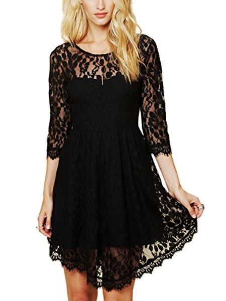 

ca fashion women's 3/4 sleeve twinset 2 pcs lace asymmetrical hem dress, Black;gray