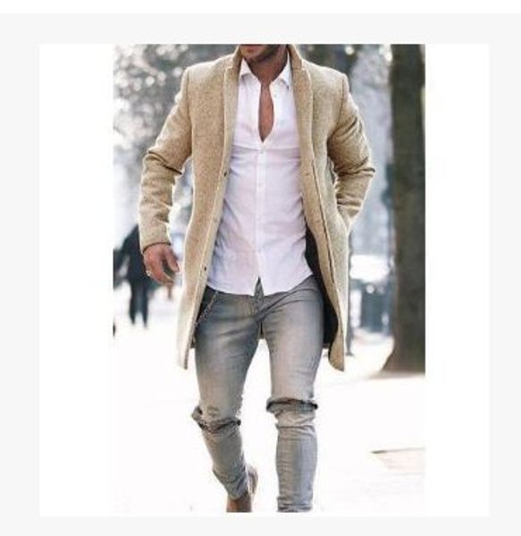 

vogue winter fashion men slim fit long sleeve cardigans blends coat jacket suit solid men long woolen coats business overcoat, Black