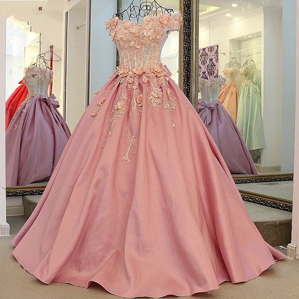 

floral lace hand made flowers prom dresses boat neckline beaded big bow satin ball gown quinceanera dress sweet 16 vestidos de novia, Black