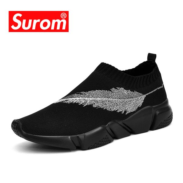 

surom breathable fashion sneakers men soft mesh slip on men's casual shoes elastic fabric loafers driving shoes male adult, Black
