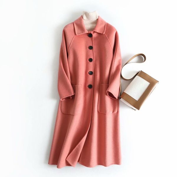 

winter 100% pure wool double-sided woolen coat long section single-breasted large pocket solid color ladies coat, Black