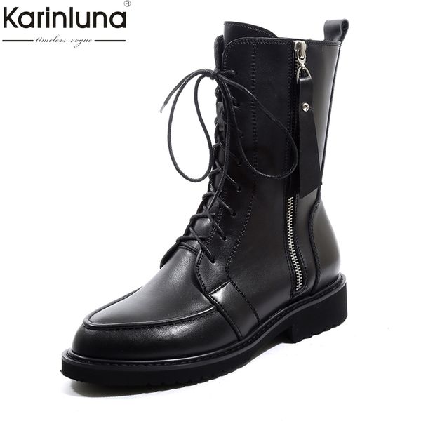 

karin 2018 genuine leather large size 34-42 cow leather boots women shoes woman mid calf boots woman shoes, Black