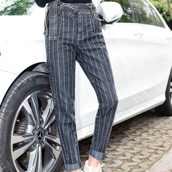 

breathable dark gray women jeans with stripe, Blue
