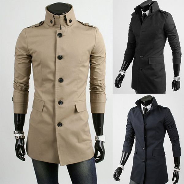 

2019 autumn and winter new style men-style single-breasted stand collar trench coat mid-length slim fit coat fashion, Tan;black