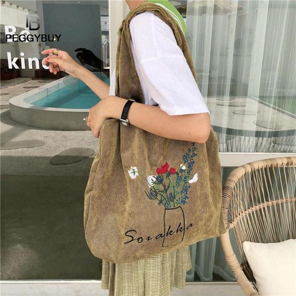 

women reusable shopping bag shoulder bag corduroy shopper flower print women handbag corduroy shoulder large shopping totes
