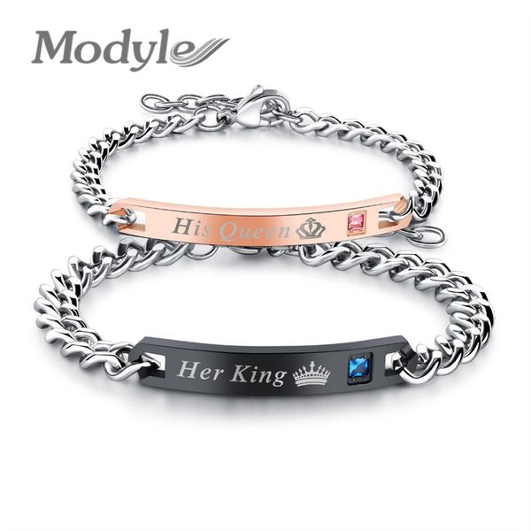 

modyle drop shipping unique gift for lover "his queen""her king " stainless steel wedding bracelets for women men, Golden;silver