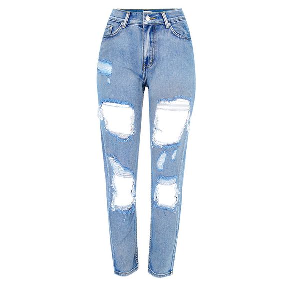 

washed street broken destroyed big hole denim jeans for women high waist loose boyfriend jeans woman ripped straight denim pants, Blue
