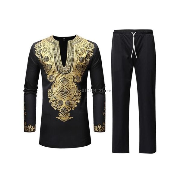 

костюм 2019 урожай золотого шаблон печатной эпикировка повседневных длинные вершины и штанов установить dashiki африканского костюма африкан, Gray