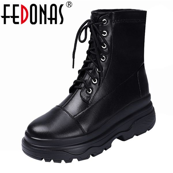 

fedonas 2020 punk shoes woman genuine leather platforms riding boots autumn winter warm women high heeled night club ankle boots, Black