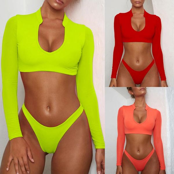 

long sleeve brazilian swimsuit female mesh neon bikini 2020 micro push up swimwear women bathing suit thong beach