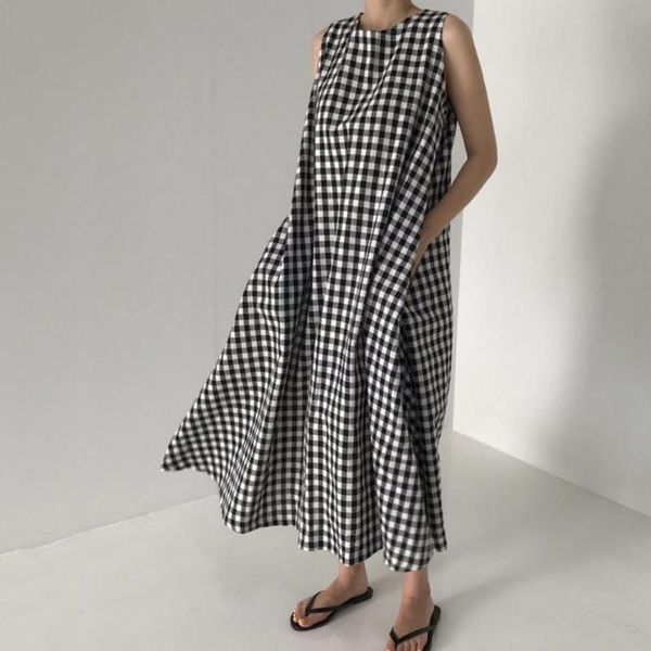 

korean japanese style sleeveless plaid maxi dress women summer loose casual dresses vestidos female 2020 fashion daily chic, Black;gray