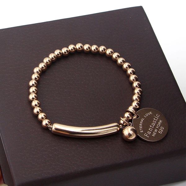 

stainless steel ball beads bracelet for women circle tag charm stretch strand bracelet "fantastic eternal love new york, Black