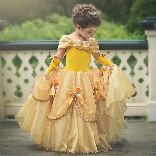 

retail 4 colors baby girls princess dresses with sleeve children halloween cosplay party dress costumes kids boutique clothing, Red;yellow