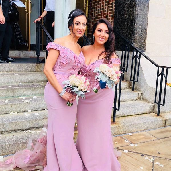

fuchsia 2019 new designer mermaid bridesmaid dresses lace applique long sweep train wedding party gowns formal gowns maid of honor dress, White;pink