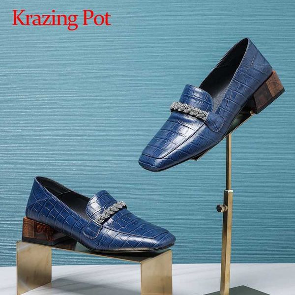 

krazing pot real leather plus size rhinestone bling gingham autumn shoes med square heels square toe slip on women pumps l3f2, Black