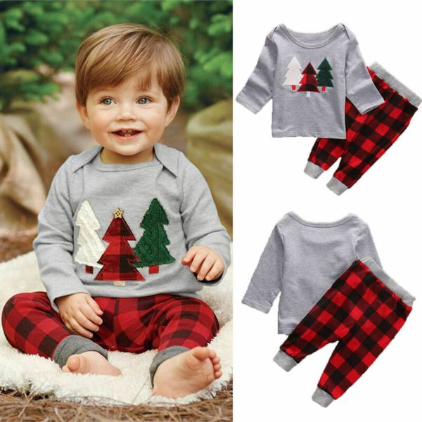 

kids baby boy long sleeve christmas clothes set t-shirt+plaid pants 2pcs outfits xmas children clothing, White