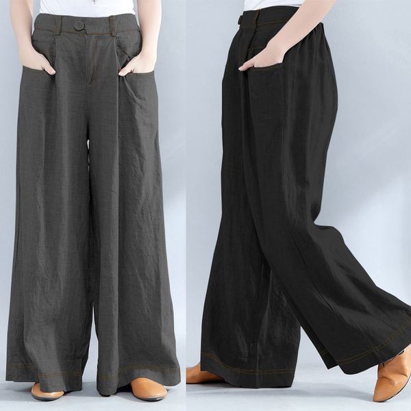 

women's trousers 2019 zanzea plus size wide leg pants fashion woman elastic waist baggy pantalon palazzo casual pant bottoms 5xl, Black;white