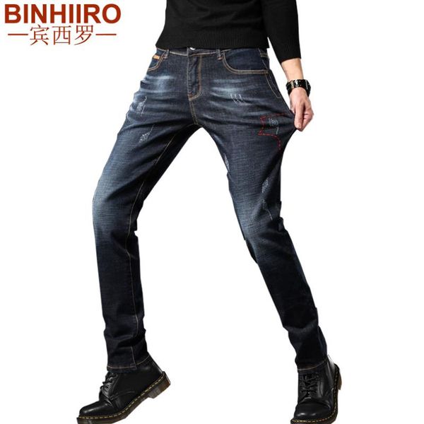 

men's embroidery jeans solid color comfortable business casual elasticity full length pants slim classic jeans men, Blue
