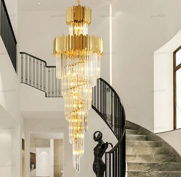Luxo moderno candelabro iluminação para escadaria grande longa lâmpadas de cristal hallway lobby cadeia de ouro chandeliers home decor llfa