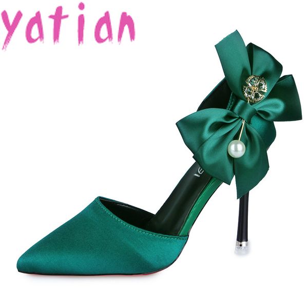 

new spring summer big bow pointed toe women high heels shoes woman ladies wedding party pumps dress silk shoes qq-17, Black