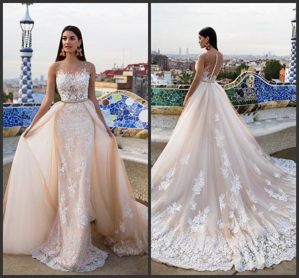 

2019 new lace appliqued mermaid wedding dresses with detachable train sheer jewel neckline trumpet backless overskirt country bridal gowns, White