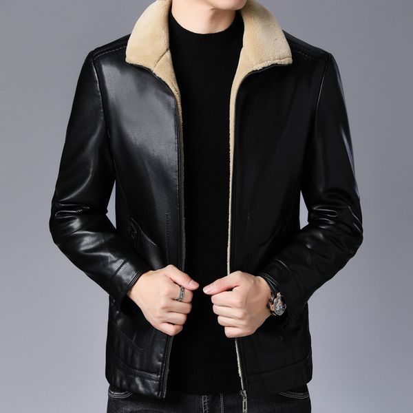

men's fur & faux casual long sleeve leather coat in winter yxt-bl-818, Black