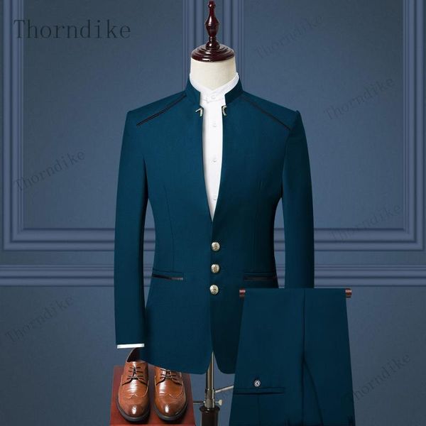

thorndike men suit chinese style stand collar suit male wedding groom slim fit standerd size blazer set tuxedo(jacket+pant, White;black