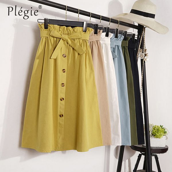 

plegie summer skirts womens 2018 new midi knee length korean elegant button high waist skirt female pleated sun school skirt, Black