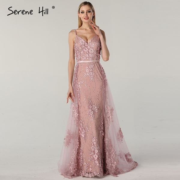 

Pink ling lace flower pearl evening dre e 2019 leevele luxury tulle evening gown real photo