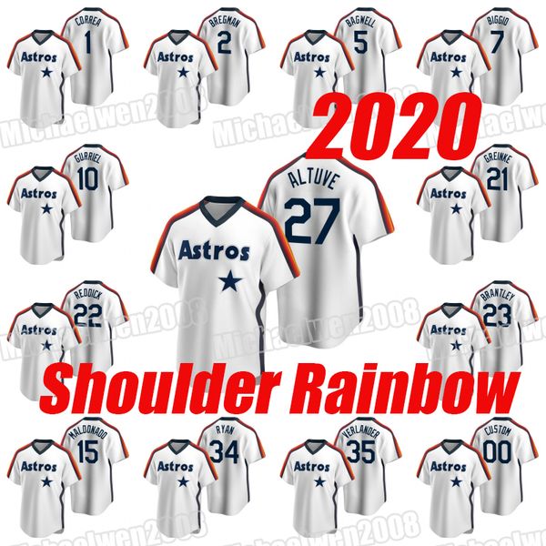 

2020 1 carlos correa 2 alex bregman 4 george springer 5 jeff bagwell 7 craig biggio 10 yuli gurriel shoulder rainbow white jersey, Blue;black