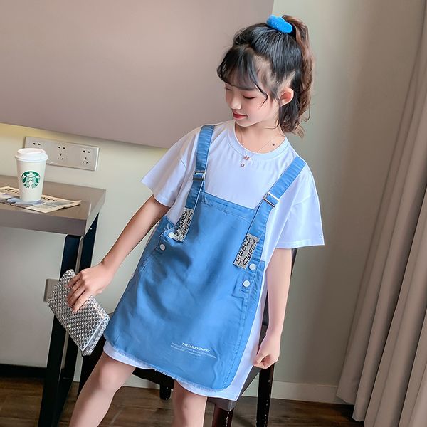 

denim patchwork suspenderd dresses kids white long t shirts dress little big girls casual summer dresses children clothing 5-17y, Red;yellow