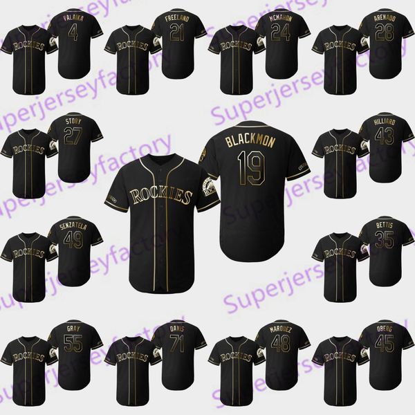

Colorado 19 Charlie Blackmon 2019 Golden Edition Jersey Ian Desmond Kyle Freeland Trevor Story Nolan Arenado Rockies Baseball Jerseys