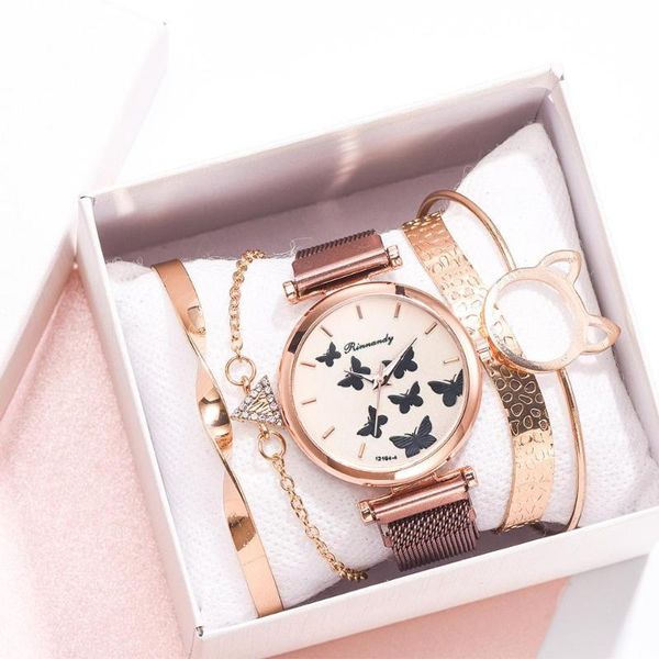 

2020 new magnet buckle simple casual wrist set watch female alloy mesh strap butterfly dial uartz wristwatches women clock, Slivery;brown