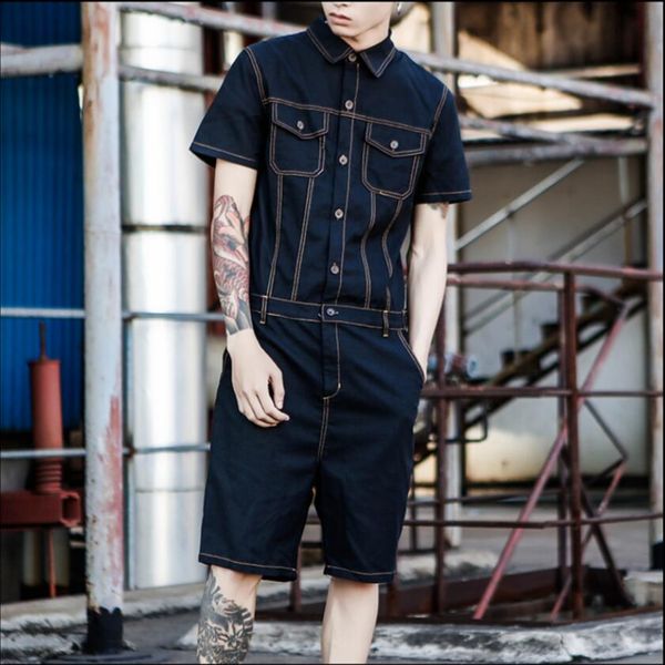 

original summer tide men cotton and linen short-sleeved set slim overalls multi-pocket tooling jumpsuit men's shorts onesies, Blue