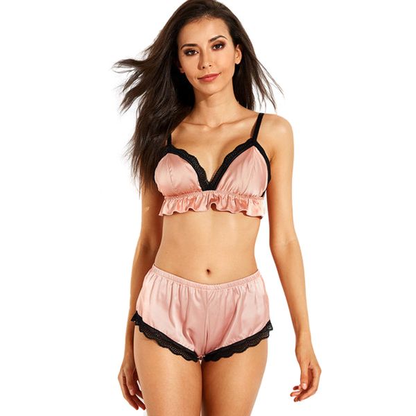 

champagne basic satin bra set lace trims pajamas set nightwear cute cami short vintage panty sets, Black;red