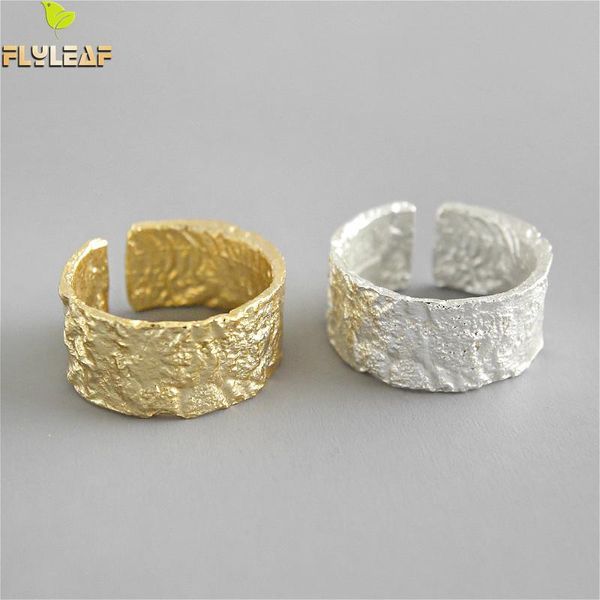 

flyleaf 925 sterling silver rings for women irregular tin foil paper pattern wide fashion fine jewelry simple open ring gold, Golden;silver