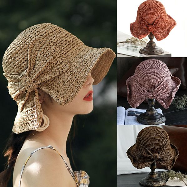 Verão Mulheres Meninas chapéu de palha Lady 8 cores simples Bow Fisherman Hat viagem Crochet Sun Sombra Cap grama Braid Praia Chapéus M1396