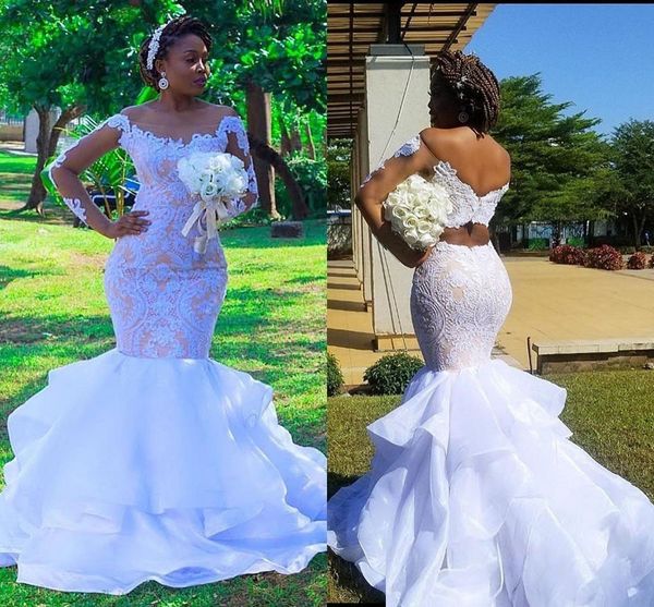 

plus size african mermaid wedding dresses modern cascading ruffles tiered lace long sleeve aso ebi bride wedding gown, White