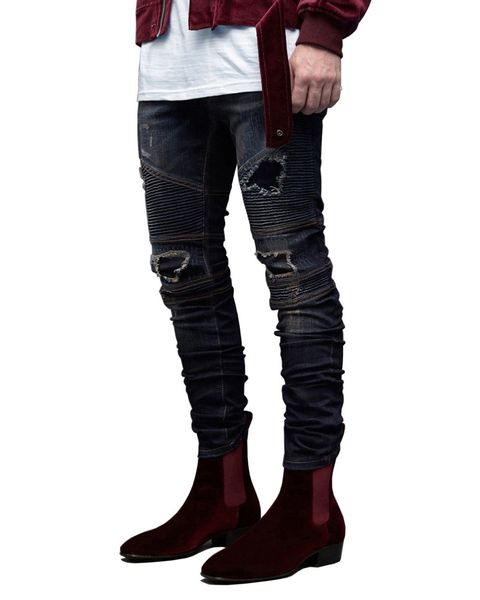 

slim fit gd biker jeans mens ripped draped designer holes pencil jean pants pantalones, Blue