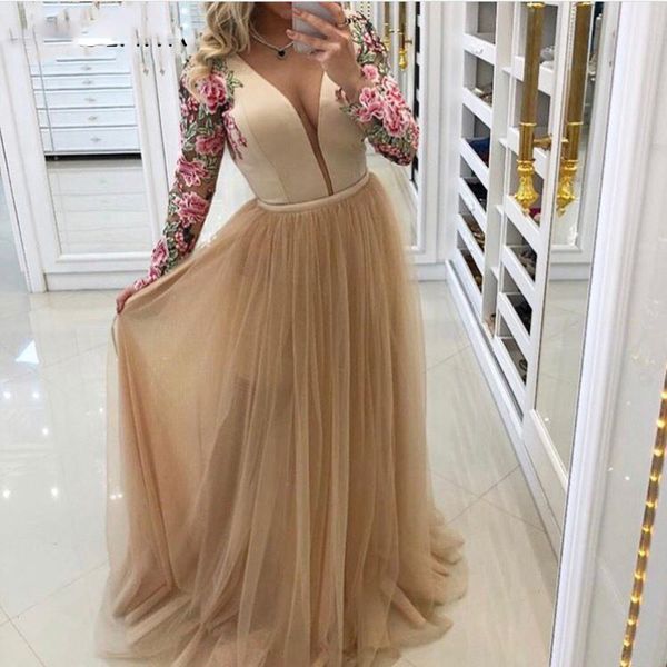 

new arrival v neck long sleeve evening dress champagne abiye evening gown vestido longo festa prom party evening gowns, Black;red