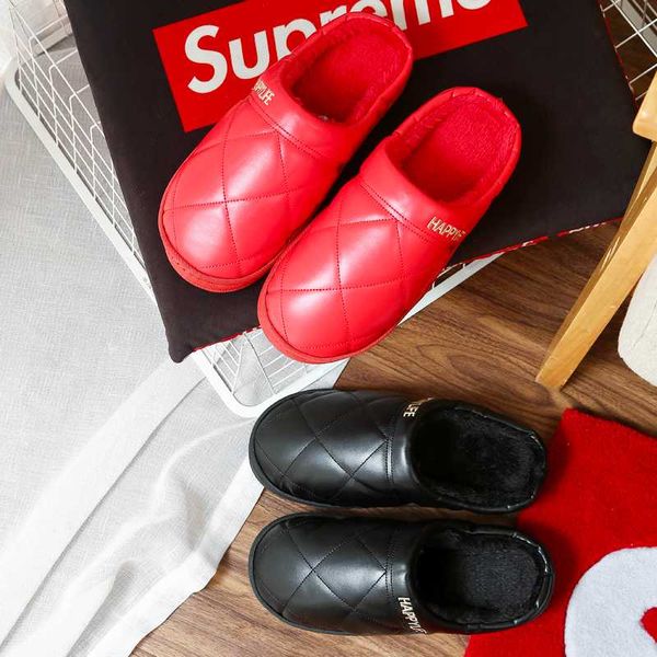 

artificial leather slippers women winter furry soft plush indoor non-slip warm hermal shoe men's home cotton gingham slippers, Black