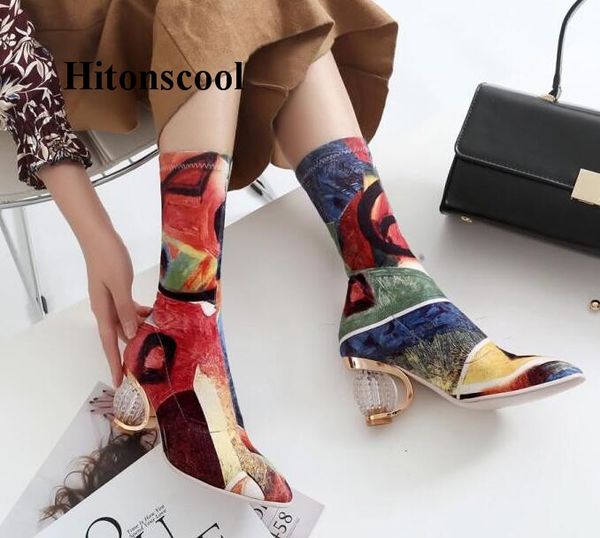 

novelty pointed toe high heels short booties for women shoes sock boots stretch printed botas mujer shoes size 44, Black