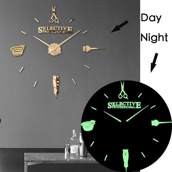 

luminous 3d wall clock large clocks modern design luminova watch sticker mirror hairdresser's hairdressing barber's haircut