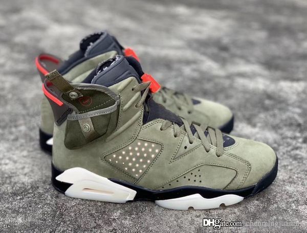 

new authentic travis scott x air 6 cactus jack medium olive glow in the dark army green suede 3m basketball shoes cn1084-200 with box