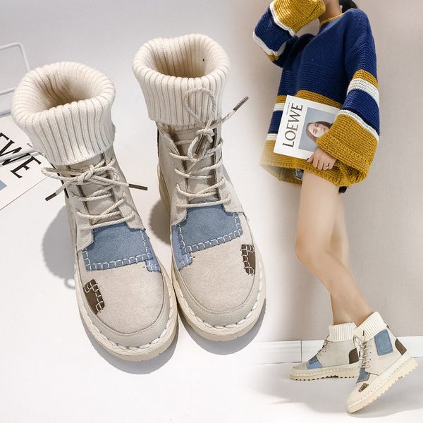 

bigfirse sneaker women flats flock lacing shoes female casual shoes fashion sneakers women high lady patcahwork martin boots