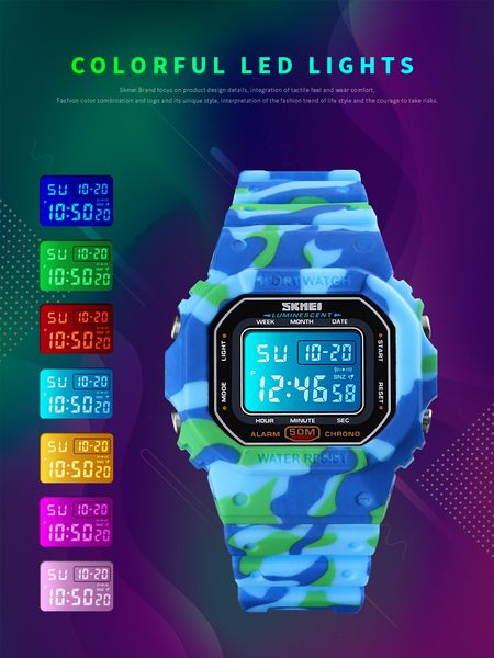 

skmei fashion colorful led sports digital watch waterproof shockproof pu strap satch alarm femal watches reloj hombre 1608, Slivery;brown