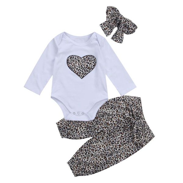 

0-24m newborn infant baby girl leopard outfits long sleeve romper + long pants + headband 3pcs casual cotton clothes set, White