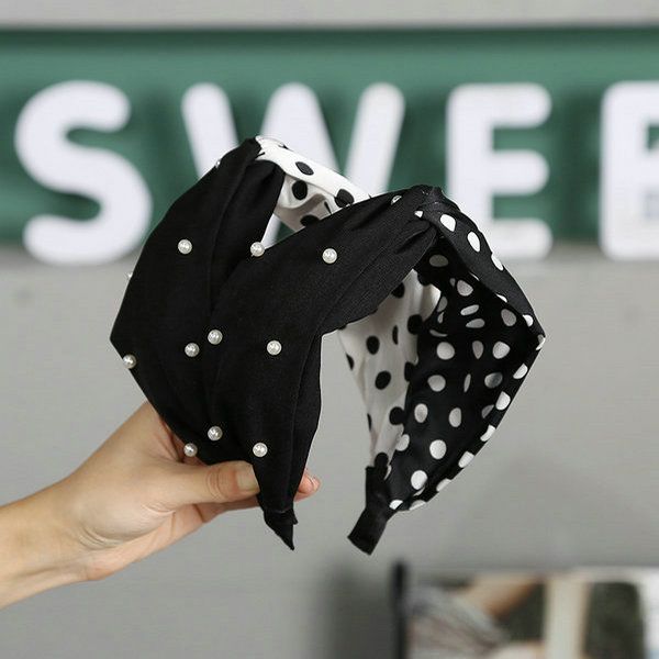 

polka dot fashion headband with pearl ladies hair accessories daily wear matching pieces headband trend headdress direct sales, Black;brown